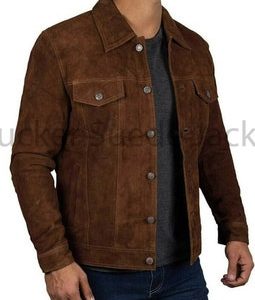 Men’s Classic Brown Suede Trucker Jacket | Vintage Western Shirt Collar Leather Coat