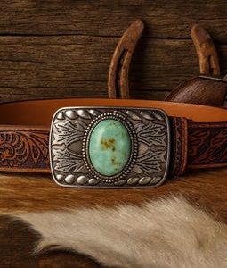 Tooled Brown Leather Belt : Turquoise Stone Western Buckle, Full Grain Cowhide