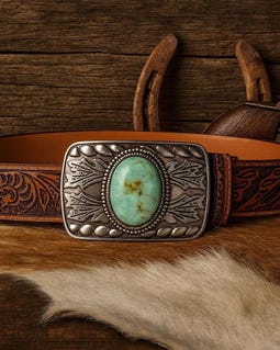 Tooled Brown Leather Belt : Turquoise Stone Western Buckle, Full Grain Cowhide