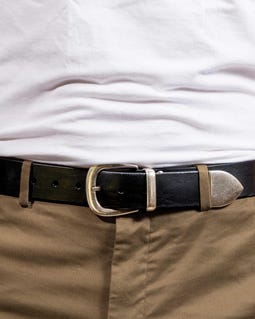 Handmade Black Leather Cowboy Belt, Silver Loop and Tip, 1 1/2" Full Grain Veg Tan