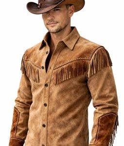 Men Vintage Fringes Leather Shirt Jacket Tan Brown Suede Leather Jacket Braided Men Cowboy Leather Jacket Western Jacket Gifts For Him