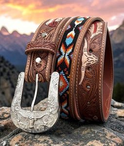 Western Beaded Leather Belt for Men's Southwestern Tooled Belt Longhorn & Feather Design Personalized Belt Gift for Dad Christmas Gift