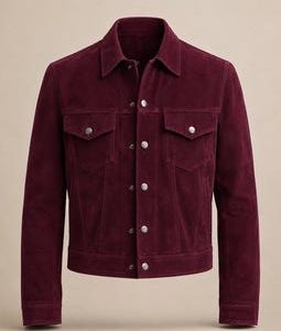 Burgundy Suede Trucker Jacket Men Western Leather Vintage Varsity Coat