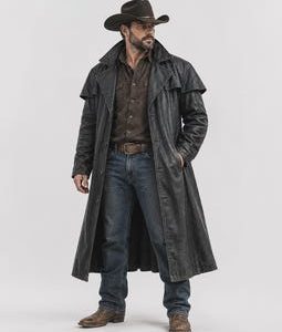 Men's Vintage Western Leather Duster Coat – Rustic Cowboy Frontier Trench Jacket