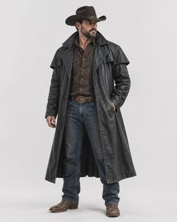 Men's Vintage Western Leather Duster Coat – Rustic Cowboy Frontier Trench Jacket