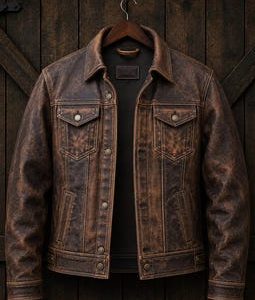 Men's Handmade Distressed Leather Trucker Jacket, Vintage Brown Motorcycle Coat, American Western Style