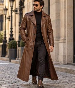Men’s Brown Leather Duster Trench Coat Genuine Long Western Cowboy Overcoat Jacket for Men