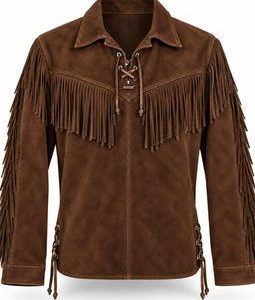 Men's Brown Suede Fringe Western Shirt Handmade Cowboy Ranch Leather Jacket Rodeo Country Wear