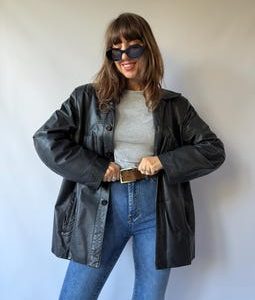 Vintage Black Leather Western Jacket | Retro Cowboy Leather Coat | Boho Button Up Oversized Real Leather Jacket Size M classic unisex