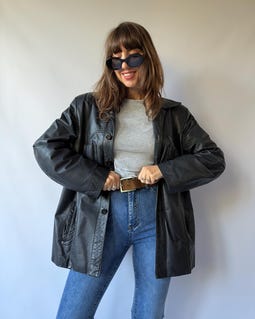 Vintage Black Leather Western Jacket | Retro Cowboy Leather Coat | Boho Button Up Oversized Real Leather Jacket Size M classic unisex