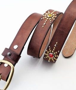 30mm Dark Brown Studded Leather Belt, Vintage Western Style, Solid Brass Buckle, Handmade in Japan