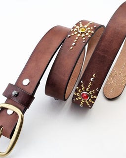 30mm Dark Brown Studded Leather Belt, Vintage Western Style, Solid Brass Buckle, Handmade in Japan