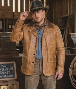 Men’s Vintage Tan Leather Blazer, Western Cowboy Jacket, Rustic Frontier Style Coat