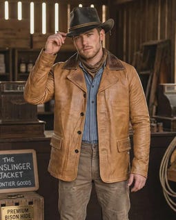Men’s Vintage Tan Leather Blazer, Western Cowboy Jacket, Rustic Frontier Style Coat