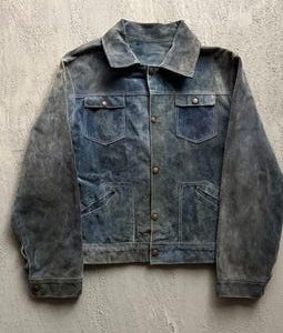 Vintage Suede Trucker Jacket Medium Blue 1970s Distressed Leather Western