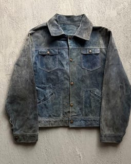 Vintage Suede Trucker Jacket Medium Blue 1970s Distressed Leather Western